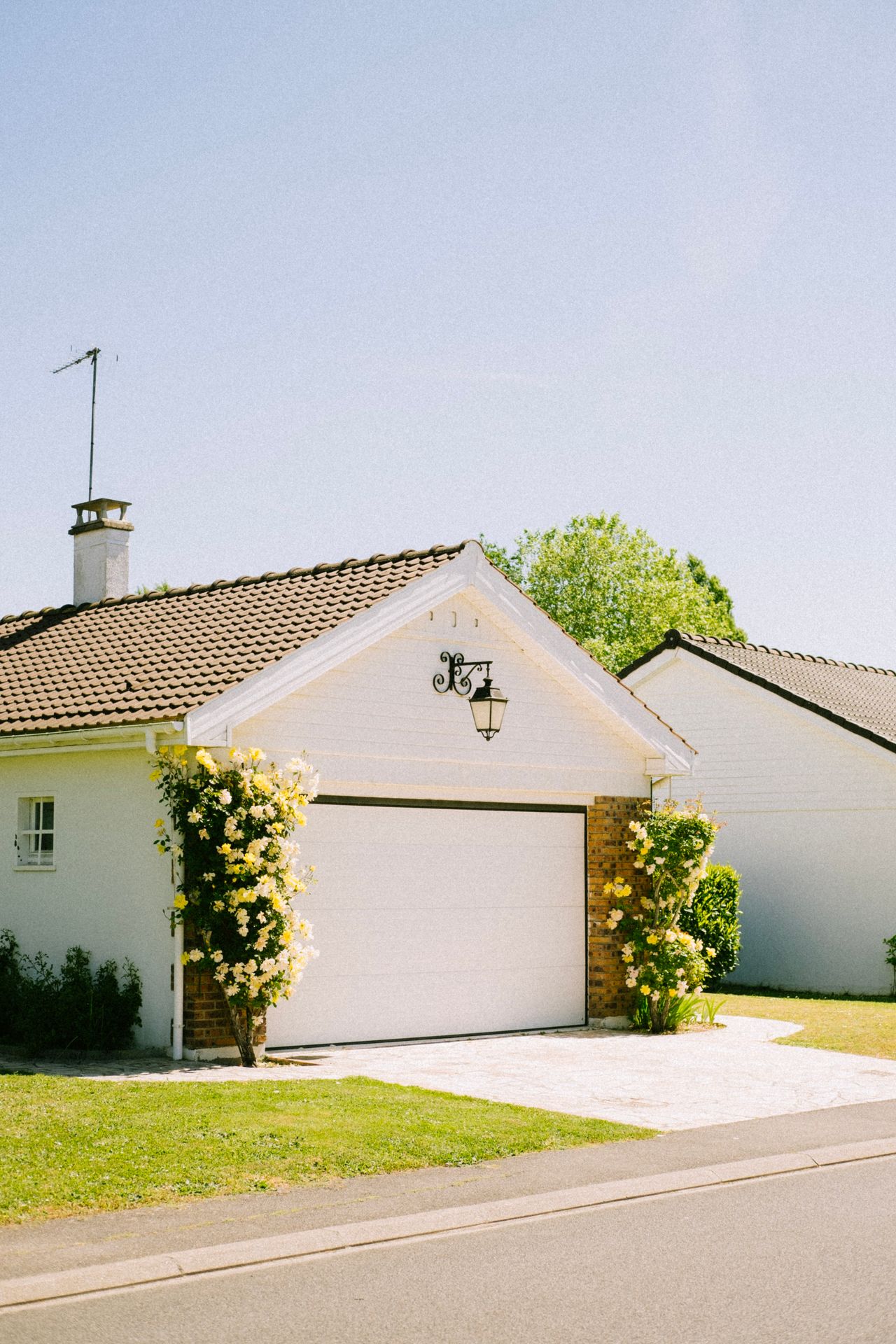 Residential home with garage door and flowering garden
